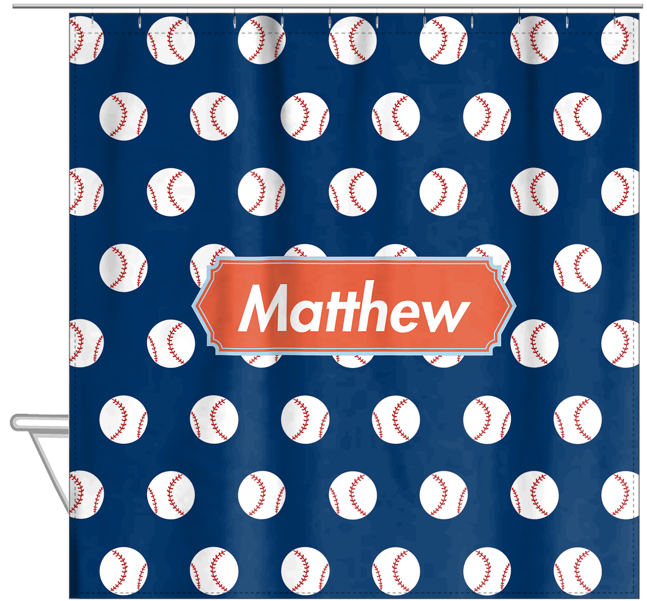 Personalized Baseball Shower Curtain XXIV - Blue Background - Decorative Rectangle Nameplate - Hanging View