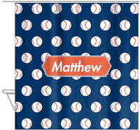 Thumbnail for Personalized Baseball Shower Curtain XXIV - Blue Background - Decorative Rectangle Nameplate - Hanging View