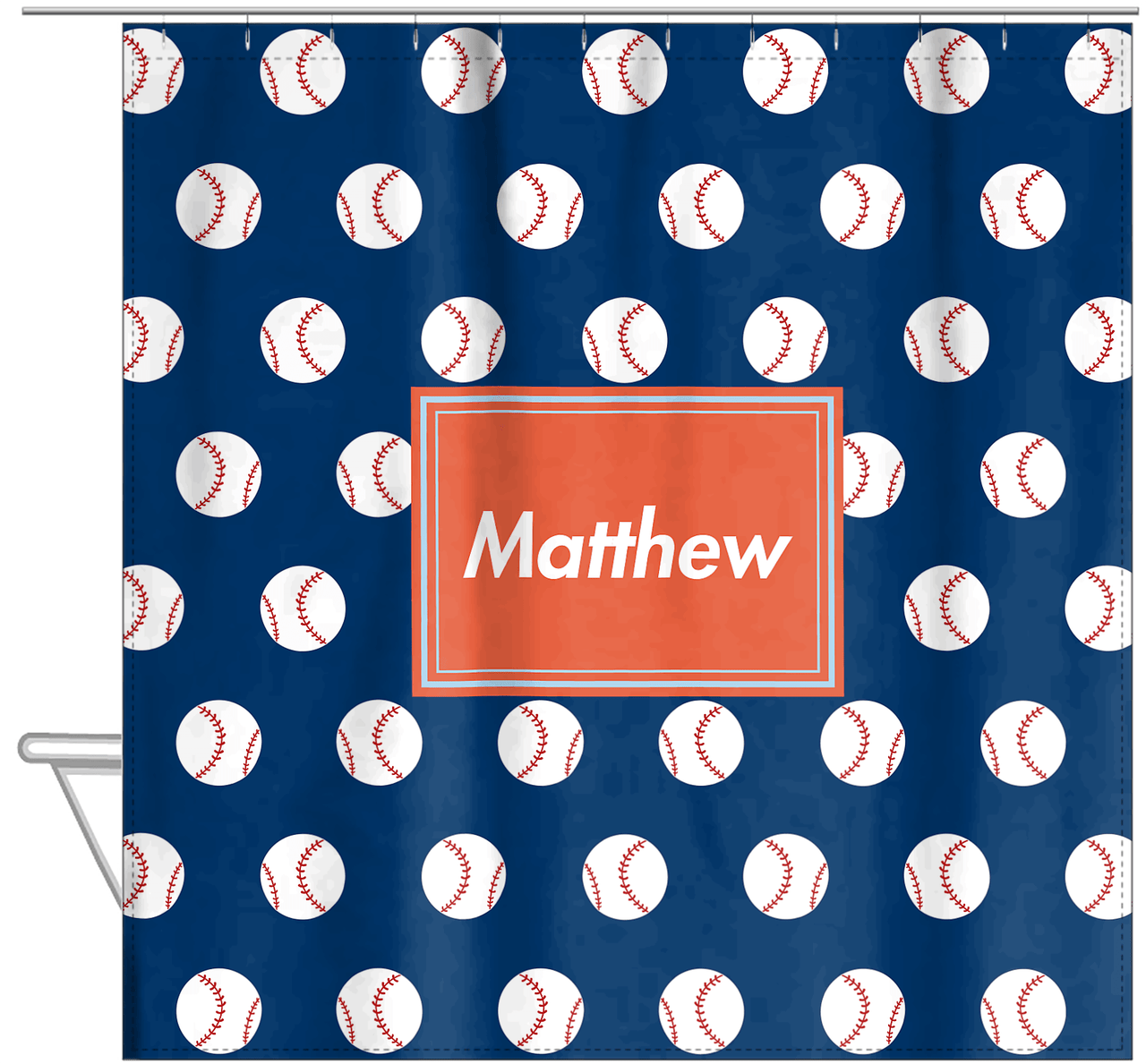Personalized Baseball Shower Curtain XXIV - Blue Background - Rectangle Nameplate - Hanging View