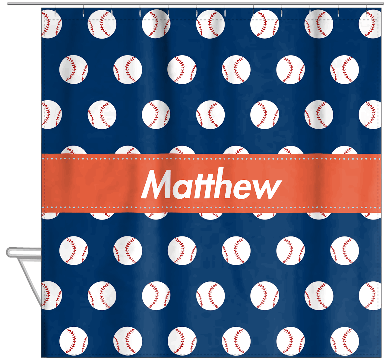 Personalized Baseball Shower Curtain XXIV - Blue Background - Ribbon Nameplate - Hanging View