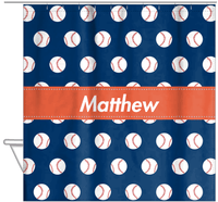 Thumbnail for Personalized Baseball Shower Curtain XXIV - Blue Background - Ribbon Nameplate - Hanging View