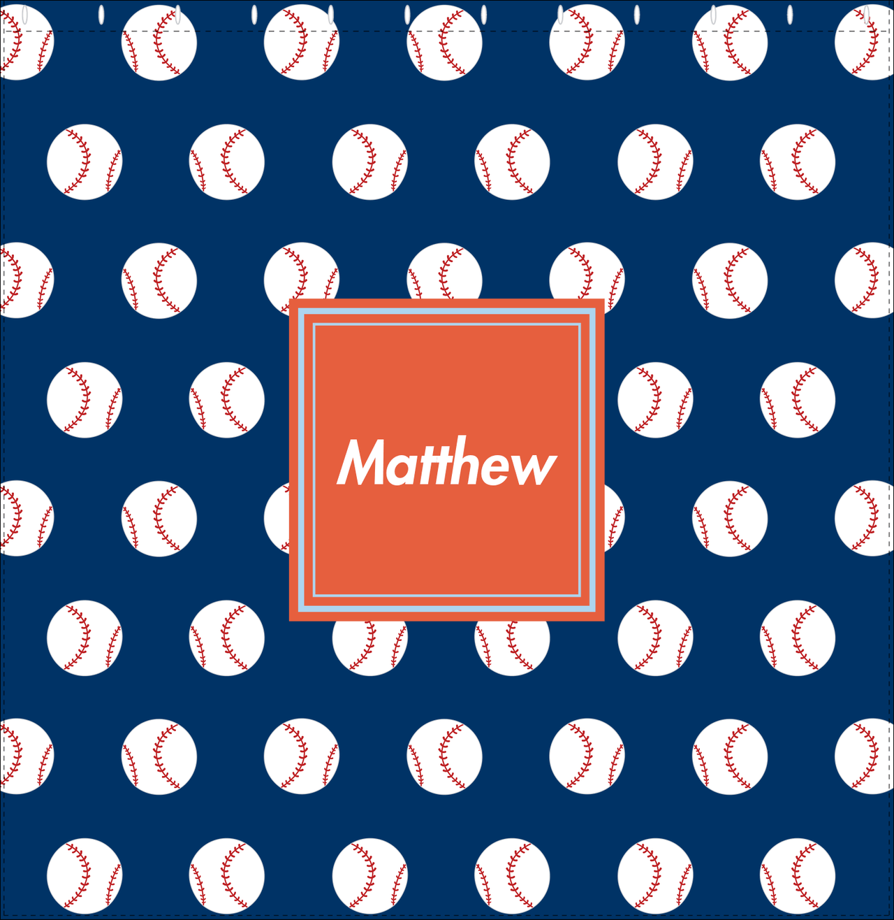 Personalized Baseball Shower Curtain XXIV - Blue Background - Square Nameplate - Decorate View