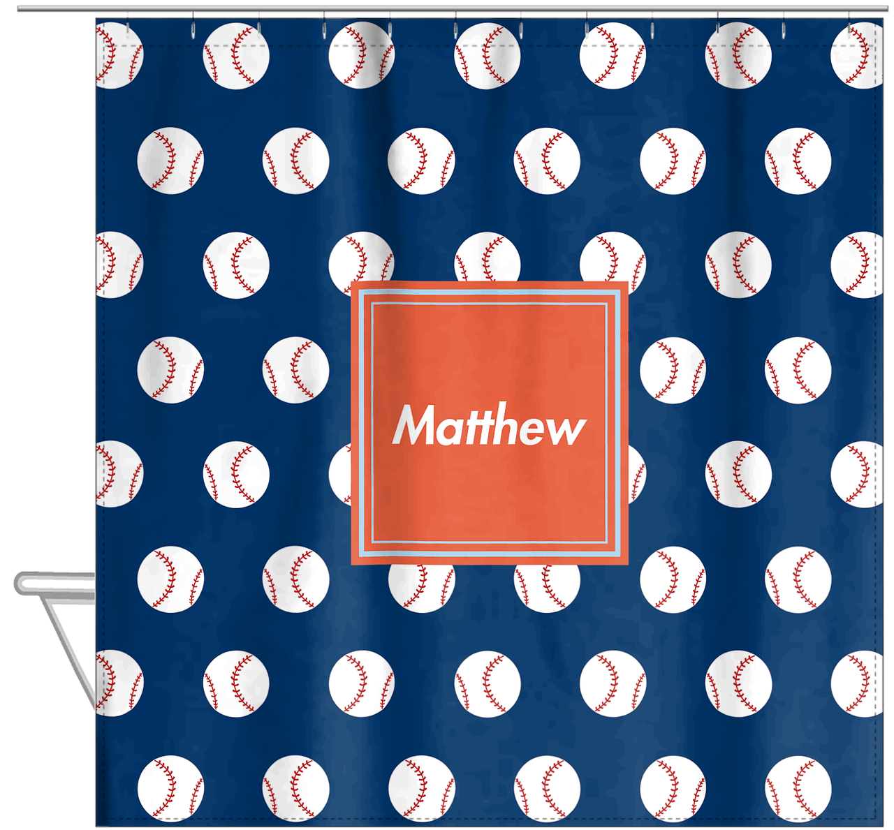 Personalized Baseball Shower Curtain XXIV - Blue Background - Square Nameplate - Hanging View