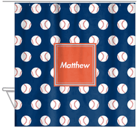 Thumbnail for Personalized Baseball Shower Curtain XXIV - Blue Background - Square Nameplate - Hanging View