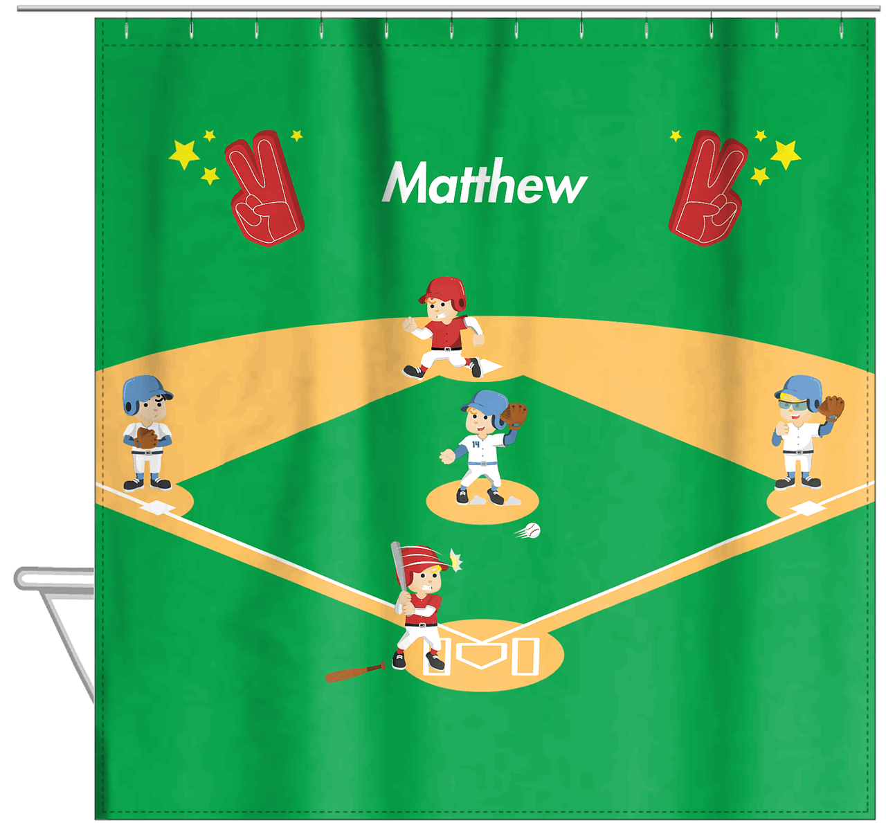 Personalized Baseball Shower Curtain XXV - Green Background - Blond Boy - Hanging View