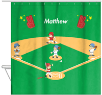 Thumbnail for Personalized Baseball Shower Curtain XXV - Green Background - Blond Boy - Hanging View