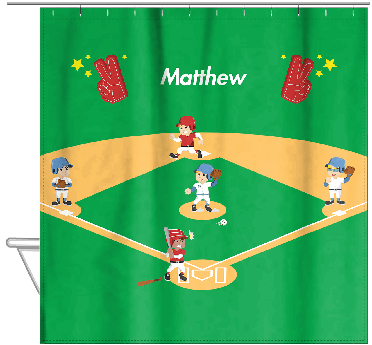 Personalized Baseball Shower Curtain XXV - Green Background - Black Boy II - Hanging View