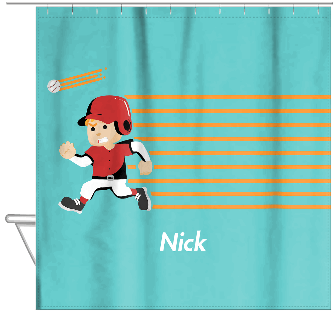 Personalized Baseball Shower Curtain XXVI - Teal Background - Blond Boy - Hanging View