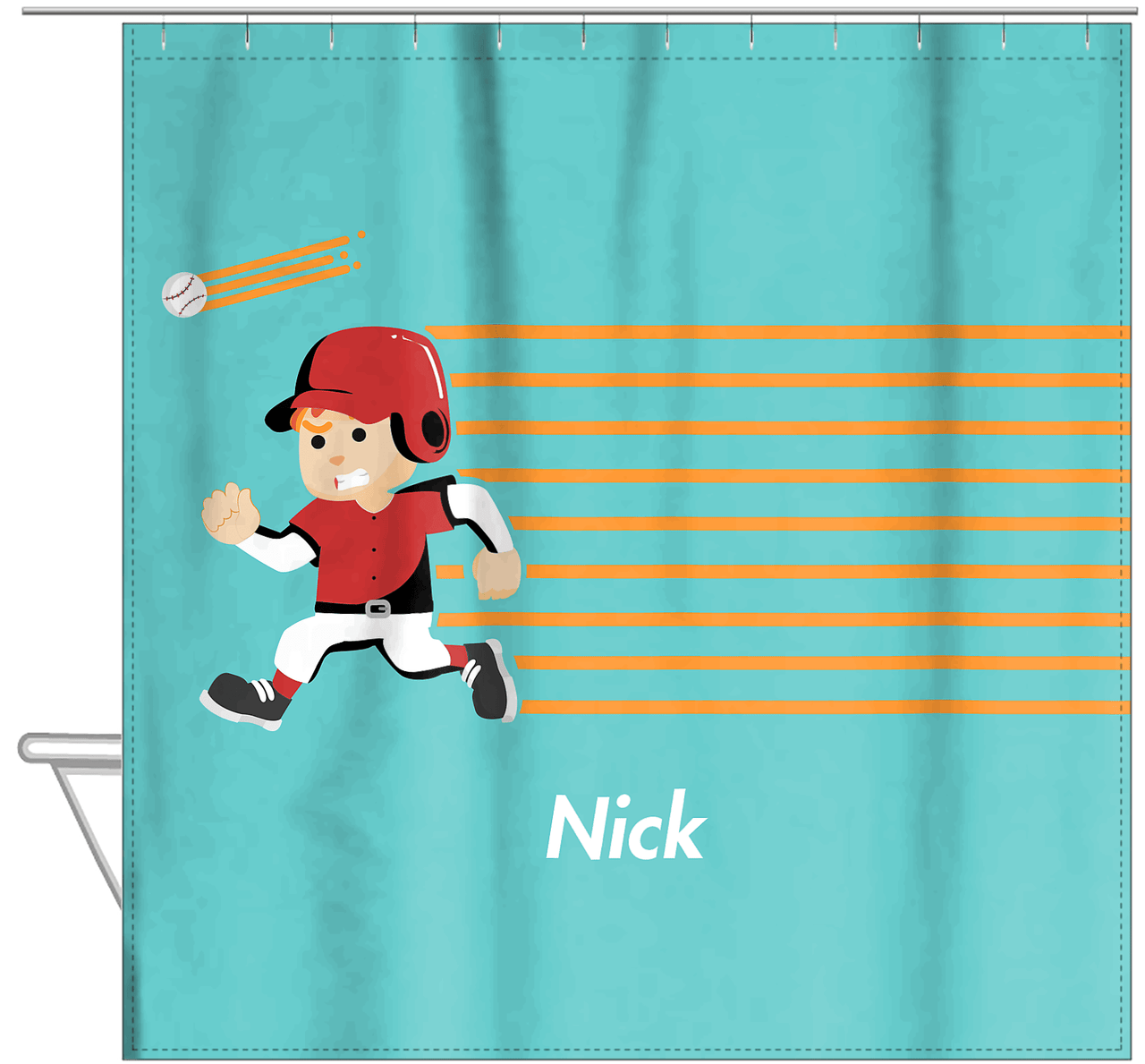 Personalized Baseball Shower Curtain XXVI - Teal Background - Redhead Boy - Hanging View