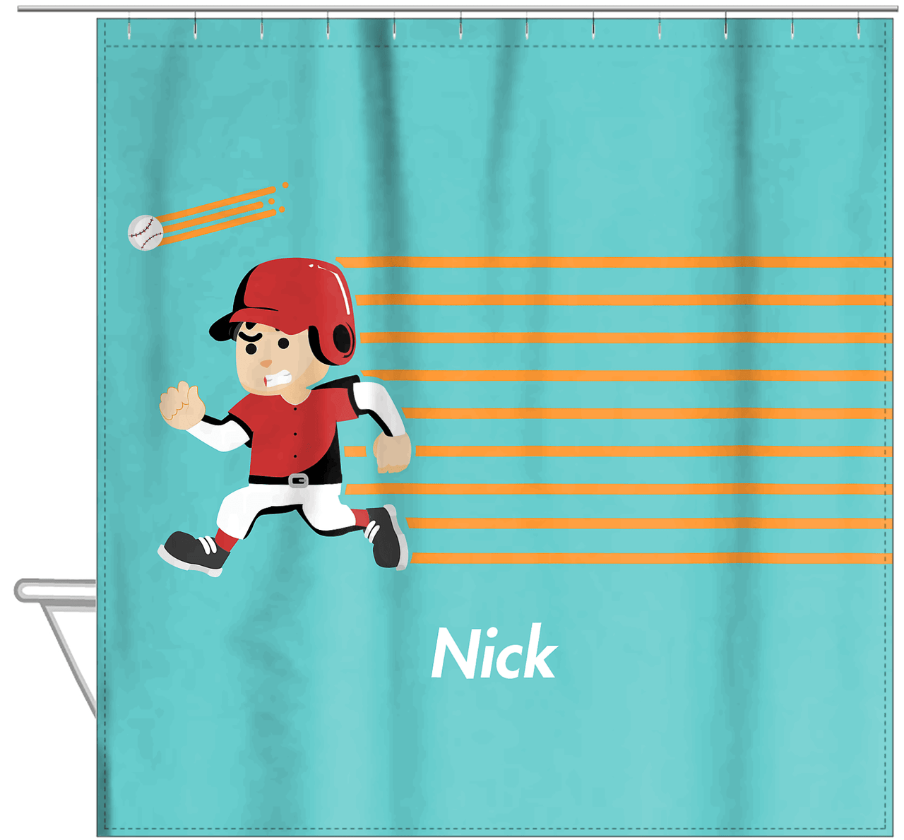Personalized Baseball Shower Curtain XXVI - Teal Background - Black Hair Boy - Hanging View