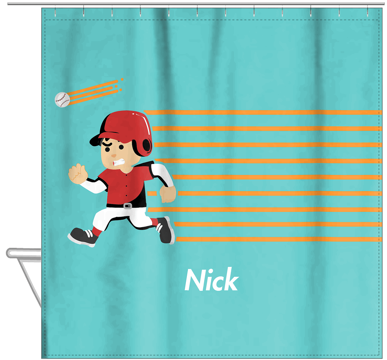 Personalized Baseball Shower Curtain XXVI - Teal Background - Asian Boy - Hanging View