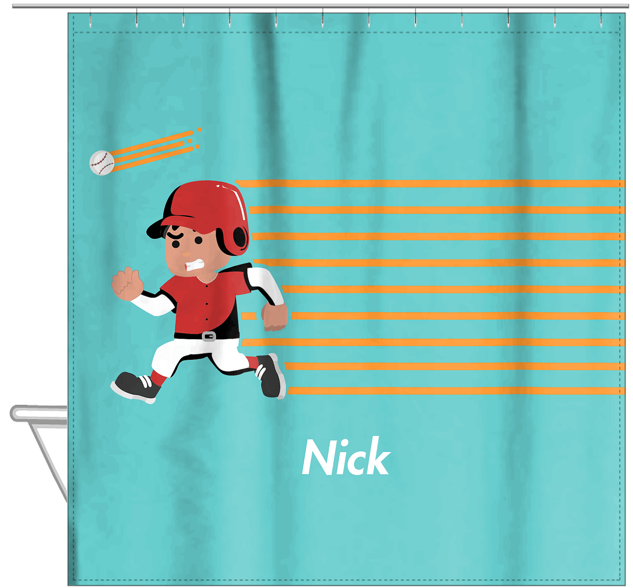Personalized Baseball Shower Curtain XXVI - Teal Background - Black Boy I - Hanging View