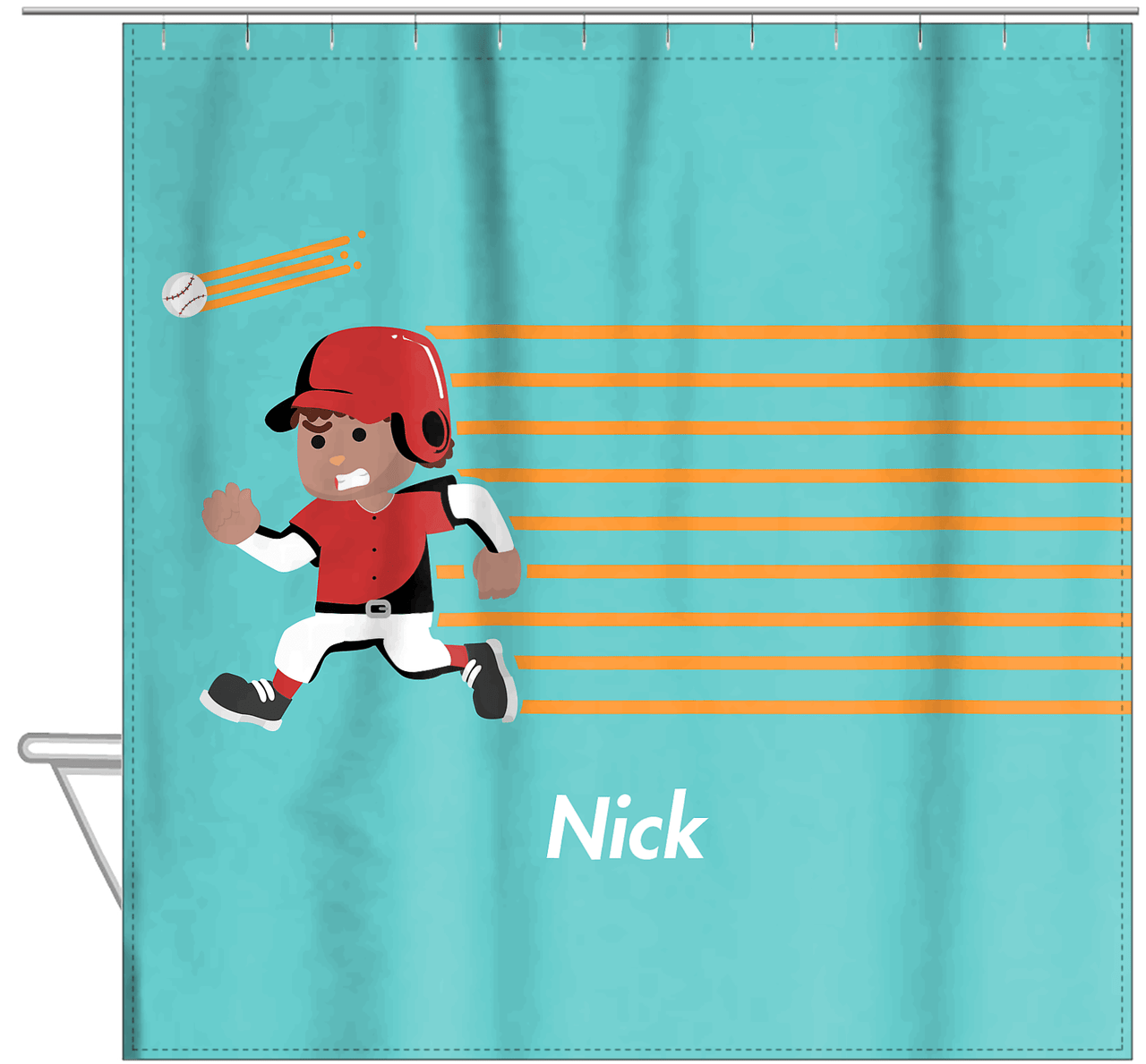 Personalized Baseball Shower Curtain XXVI - Teal Background - Black Boy II - Hanging View