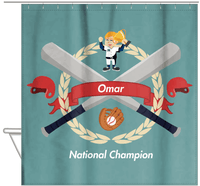 Thumbnail for Personalized Baseball Shower Curtain XXVII - Teal Background - Blond Boy - Hanging View