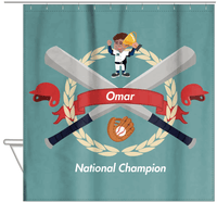 Thumbnail for Personalized Baseball Shower Curtain XXVII - Teal Background - Black Boy II - Hanging View