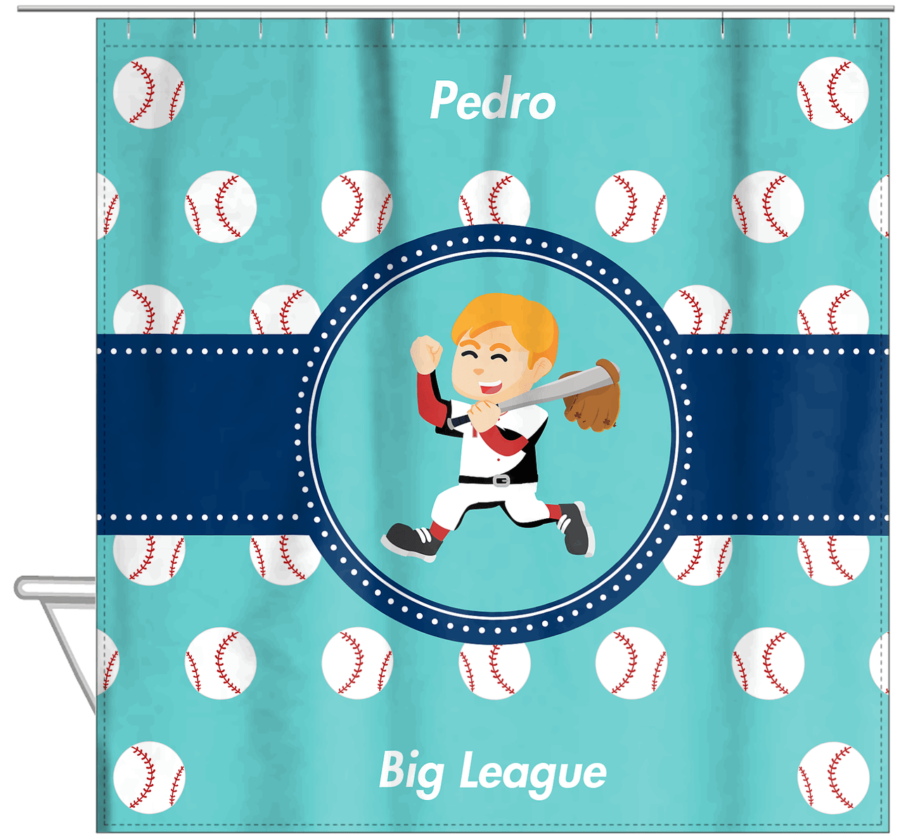 Personalized Baseball Shower Curtain XXVIII - Teal Background - Blond Boy - Hanging View