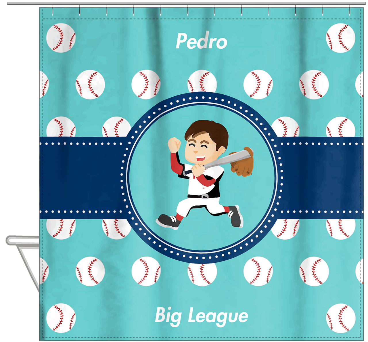 Personalized Baseball Shower Curtain XXVIII - Teal Background - Brown Hair Boy - Hanging View