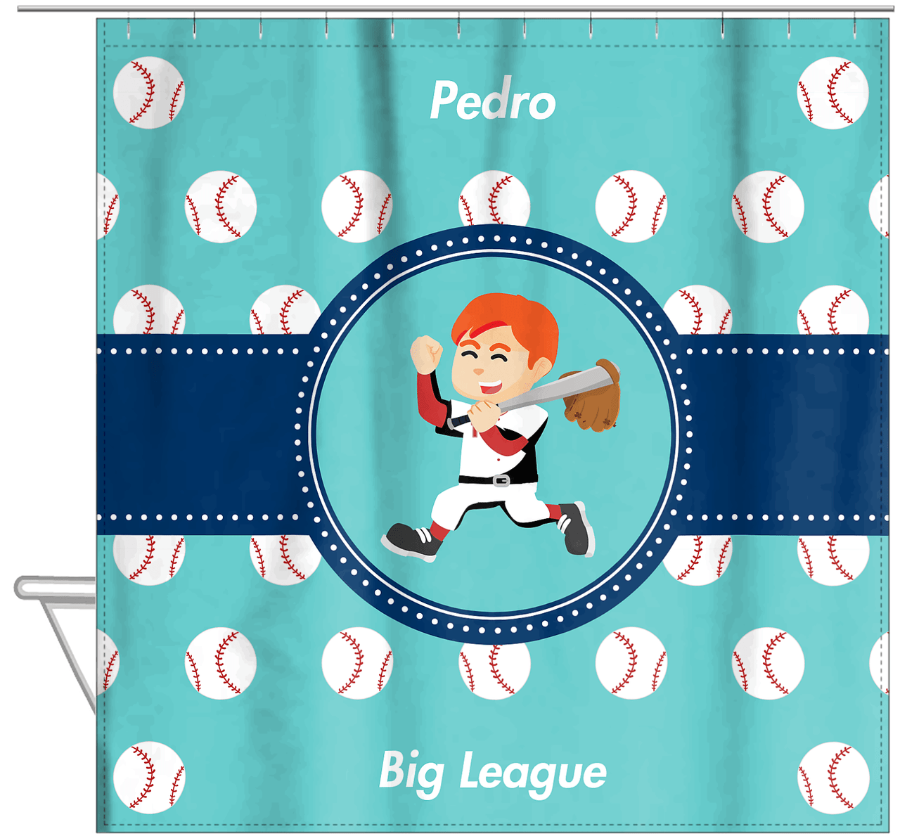 Personalized Baseball Shower Curtain XXVIII - Teal Background - Redhead Boy - Hanging View