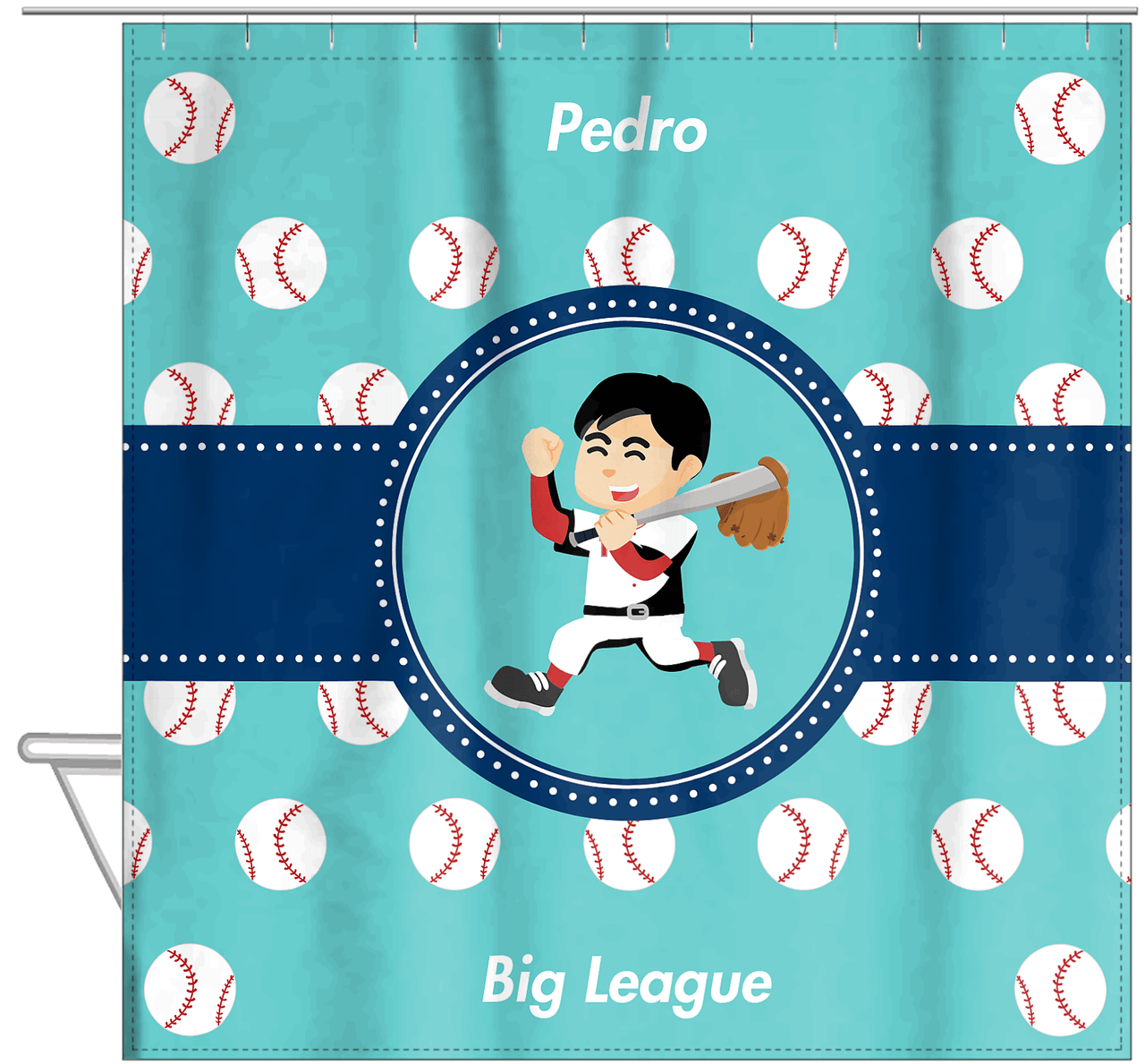 Personalized Baseball Shower Curtain XXVIII - Teal Background - Black Hair Boy - Hanging View