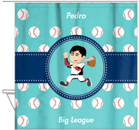 Thumbnail for Personalized Baseball Shower Curtain XXVIII - Teal Background - Black Hair Boy - Hanging View