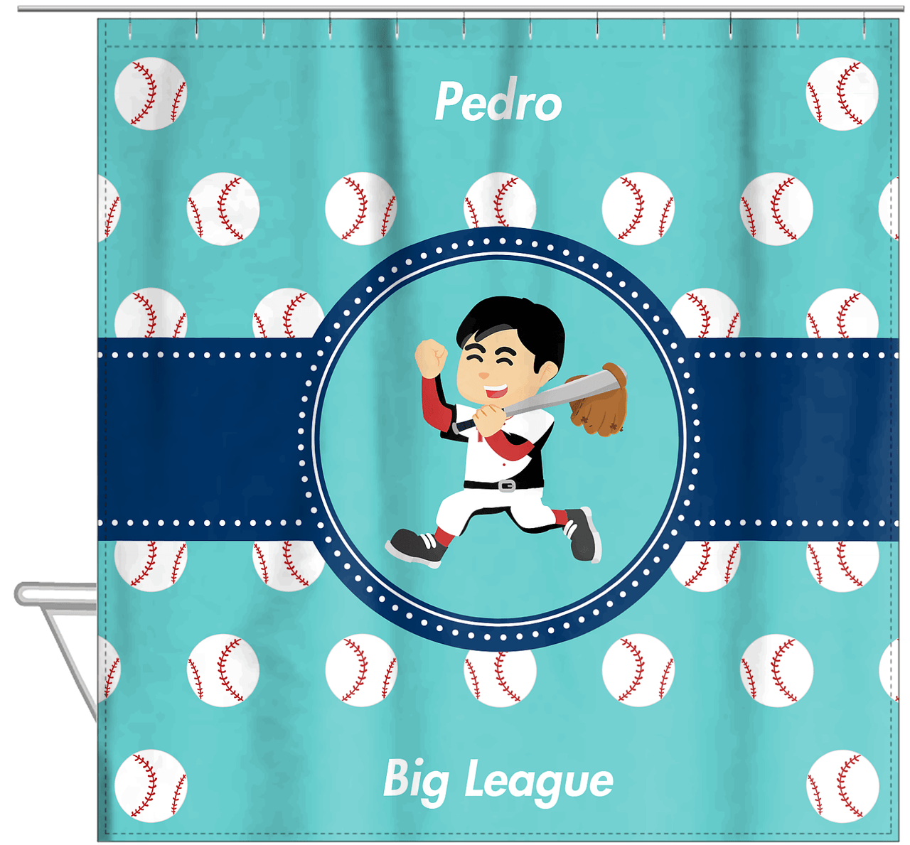 Personalized Baseball Shower Curtain XXVIII - Teal Background - Asian Boy - Hanging View