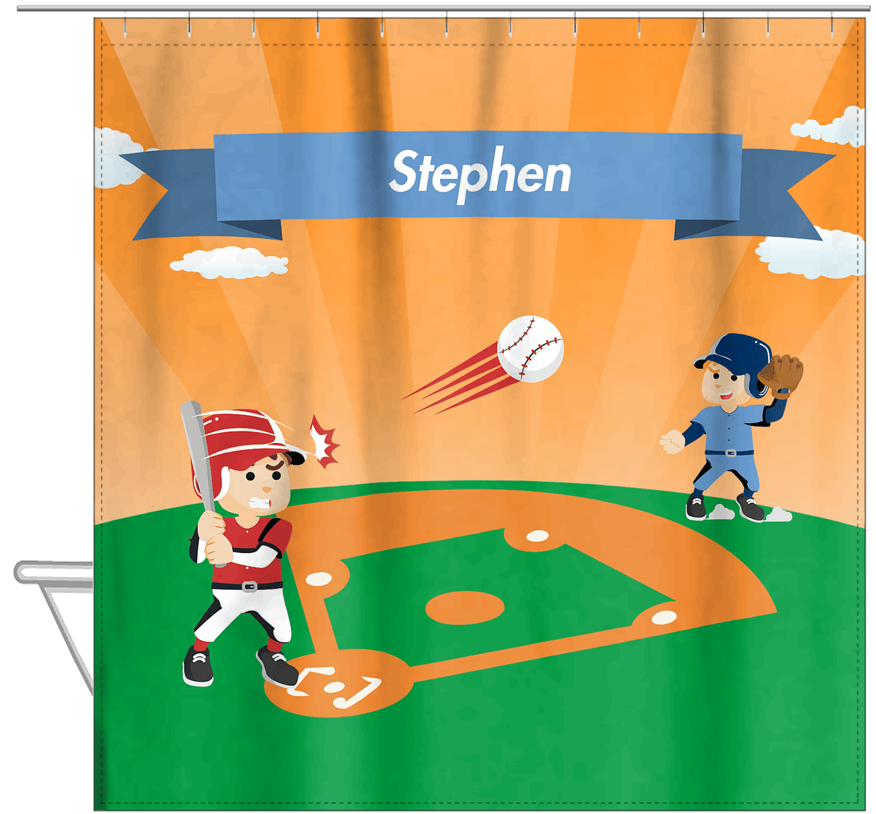 Personalized Baseball Shower Curtain XXIX - Orange Background - Brown Hair Boy - Hanging View