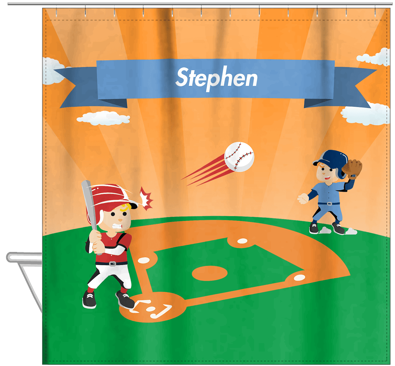 Personalized Baseball Shower Curtain XXIX - Orange Background - Blond Boy - Hanging View