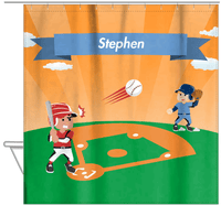 Thumbnail for Personalized Baseball Shower Curtain XXIX - Orange Background - Black Boy I - Hanging View