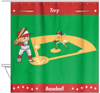 Thumbnail for Personalized Baseball Shower Curtain XXXI - Green Background - Blond Boy - Hanging View