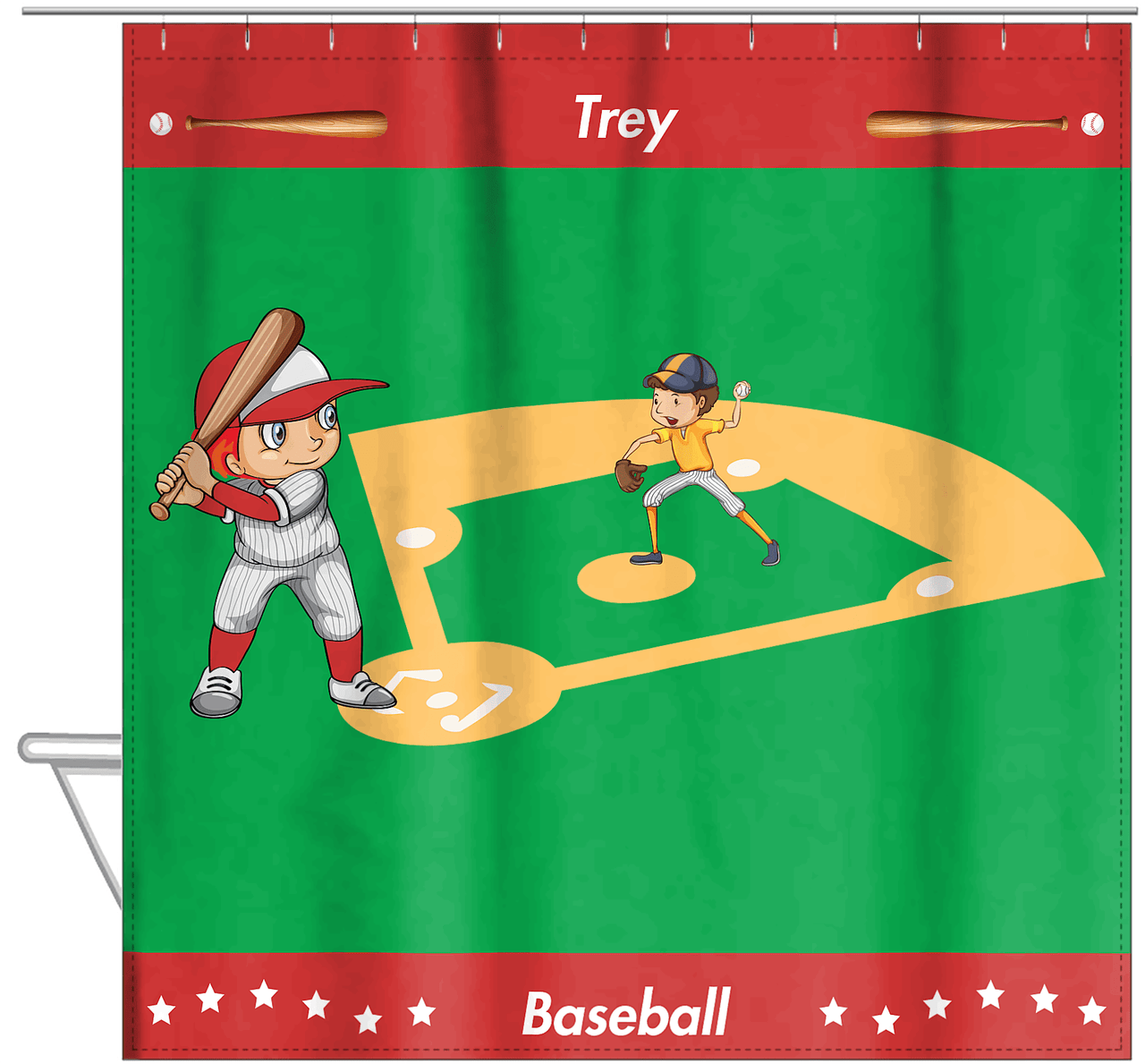 Personalized Baseball Shower Curtain XXXI - Green Background - Redhead Boy - Hanging View