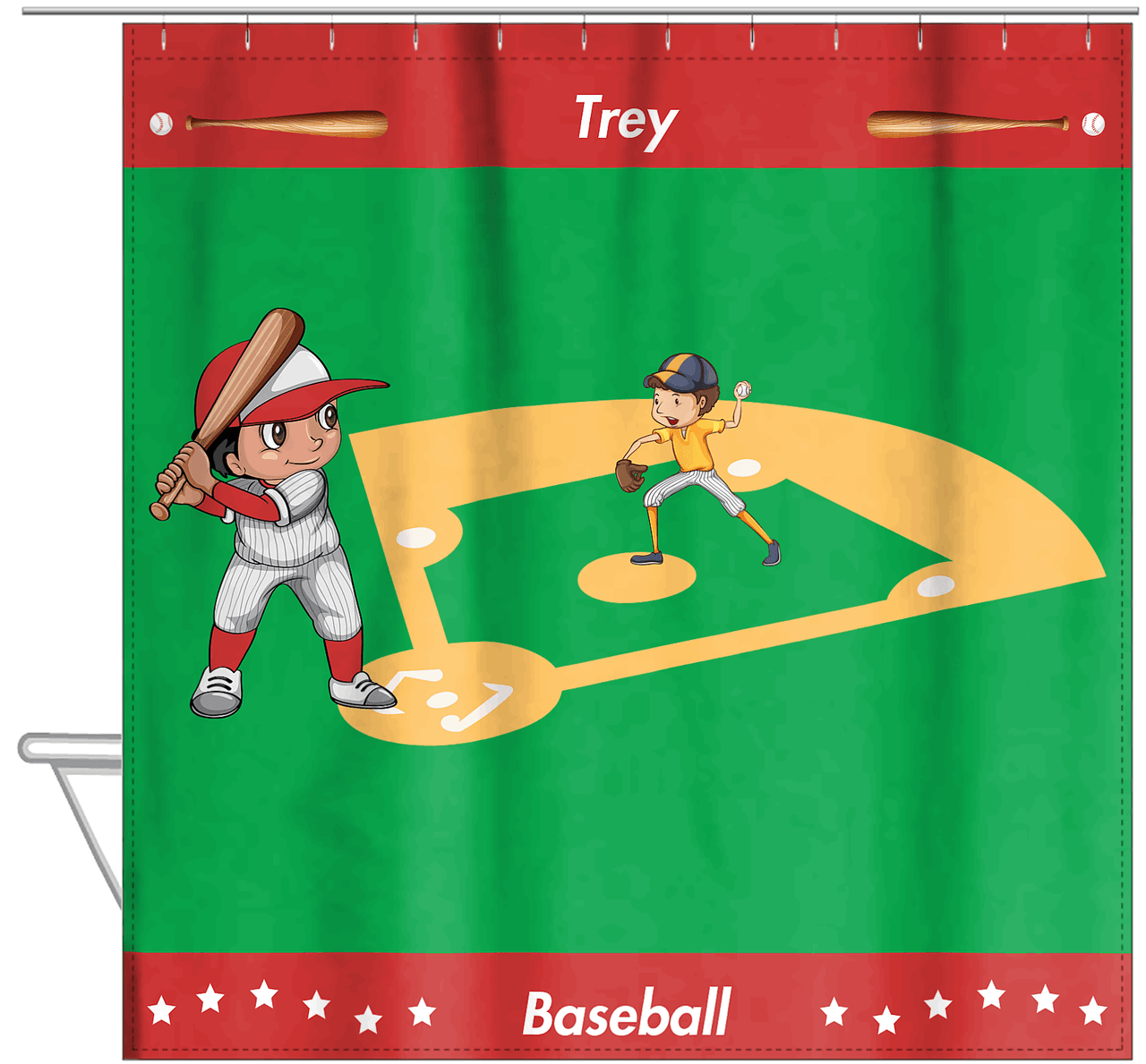 Personalized Baseball Shower Curtain XXXI - Green Background - Black Boy I - Hanging View