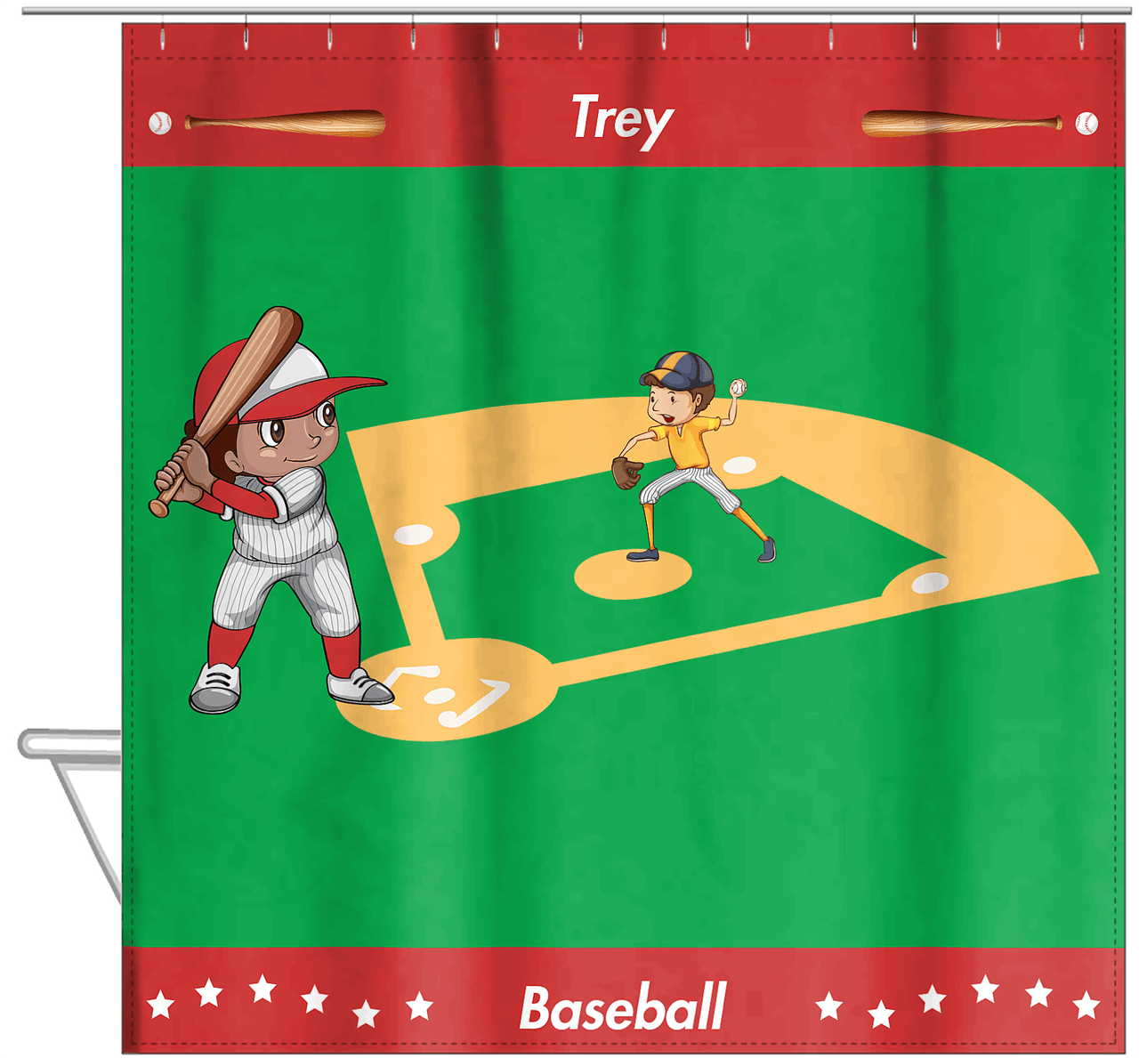 Personalized Baseball Shower Curtain XXXI - Green Background - Black Boy II - Hanging View