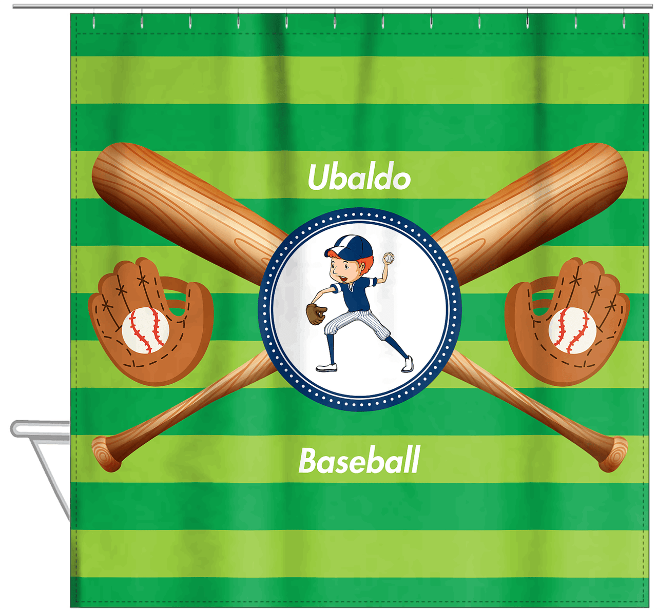 Personalized Baseball Shower Curtain XXXII - Green Background - Redhead Boy - Hanging View