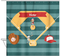Thumbnail for Personalized Baseball Shower Curtain XXXIII - Teal Background - Blond Boy - Hanging View