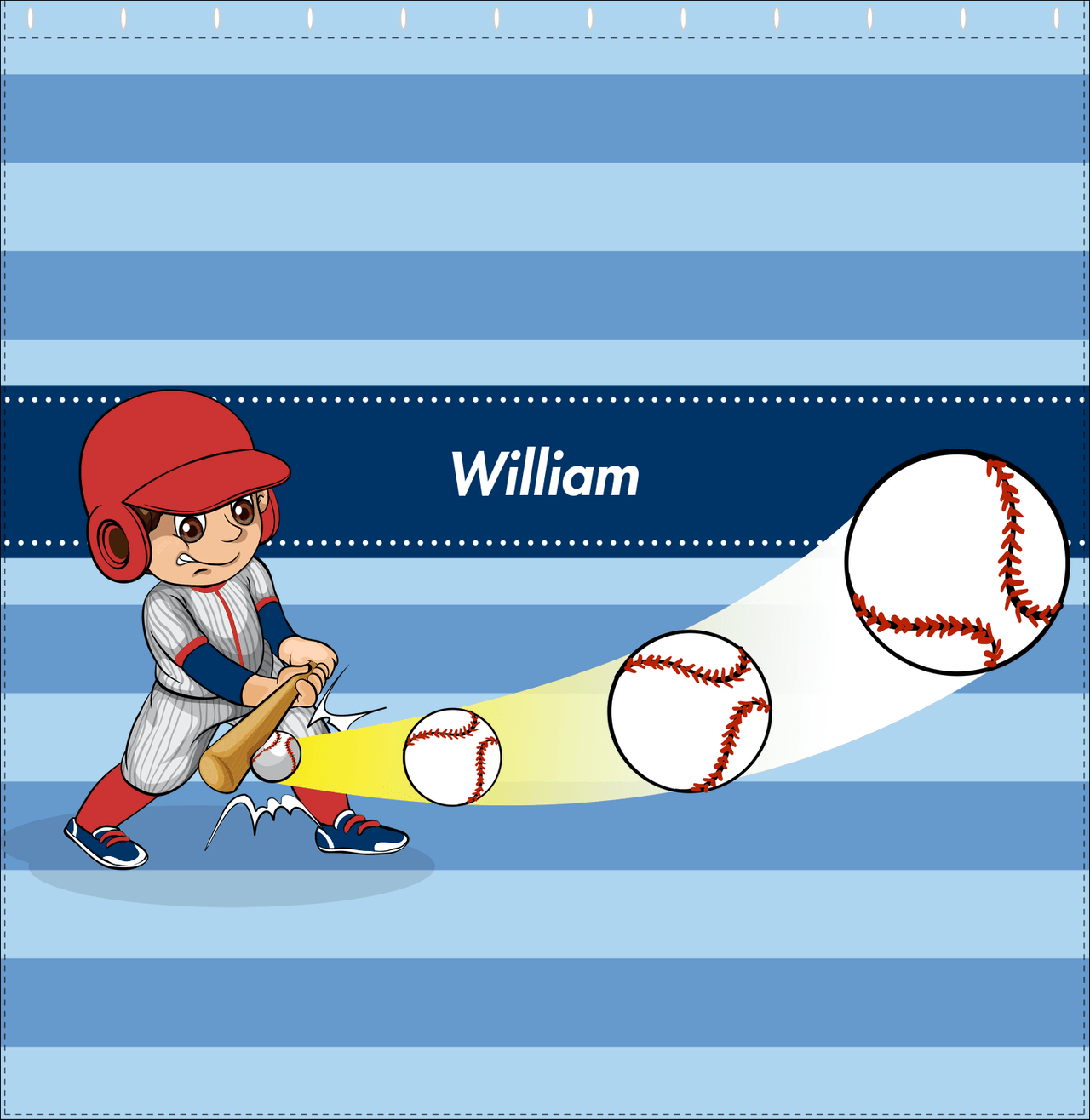 Personalized Baseball Shower Curtain XXXIV - Blue Background - Brown Hair Boy - Decorate View