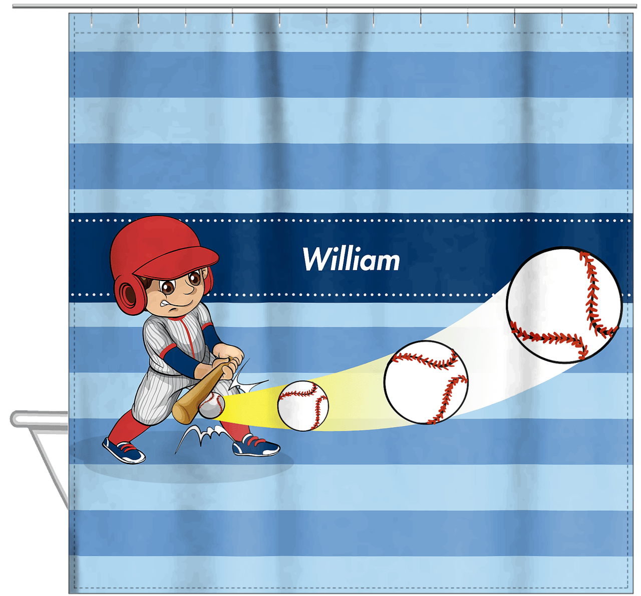 Personalized Baseball Shower Curtain XXXIV - Blue Background - Brown Hair Boy - Hanging View