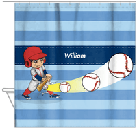 Thumbnail for Personalized Baseball Shower Curtain XXXIV - Blue Background - Brown Hair Boy - Hanging View