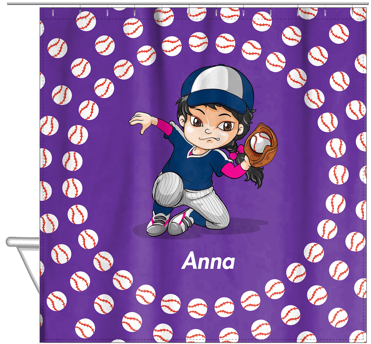 Personalized Baseball Shower Curtain XXXV - Purple Background - Black Hair Girl - Hanging View