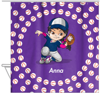 Thumbnail for Personalized Baseball Shower Curtain XXXV - Purple Background - Black Hair Girl - Hanging View