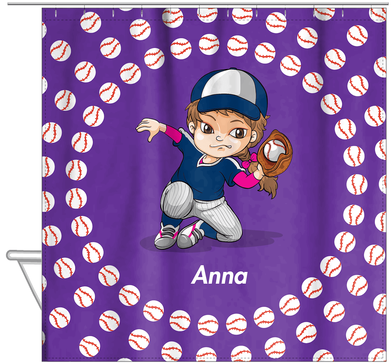 Personalized Baseball Shower Curtain XXXV - Purple Background - Brunette Girl - Hanging View