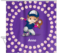 Thumbnail for Personalized Baseball Shower Curtain XXXV - Purple Background - Brunette Girl - Hanging View