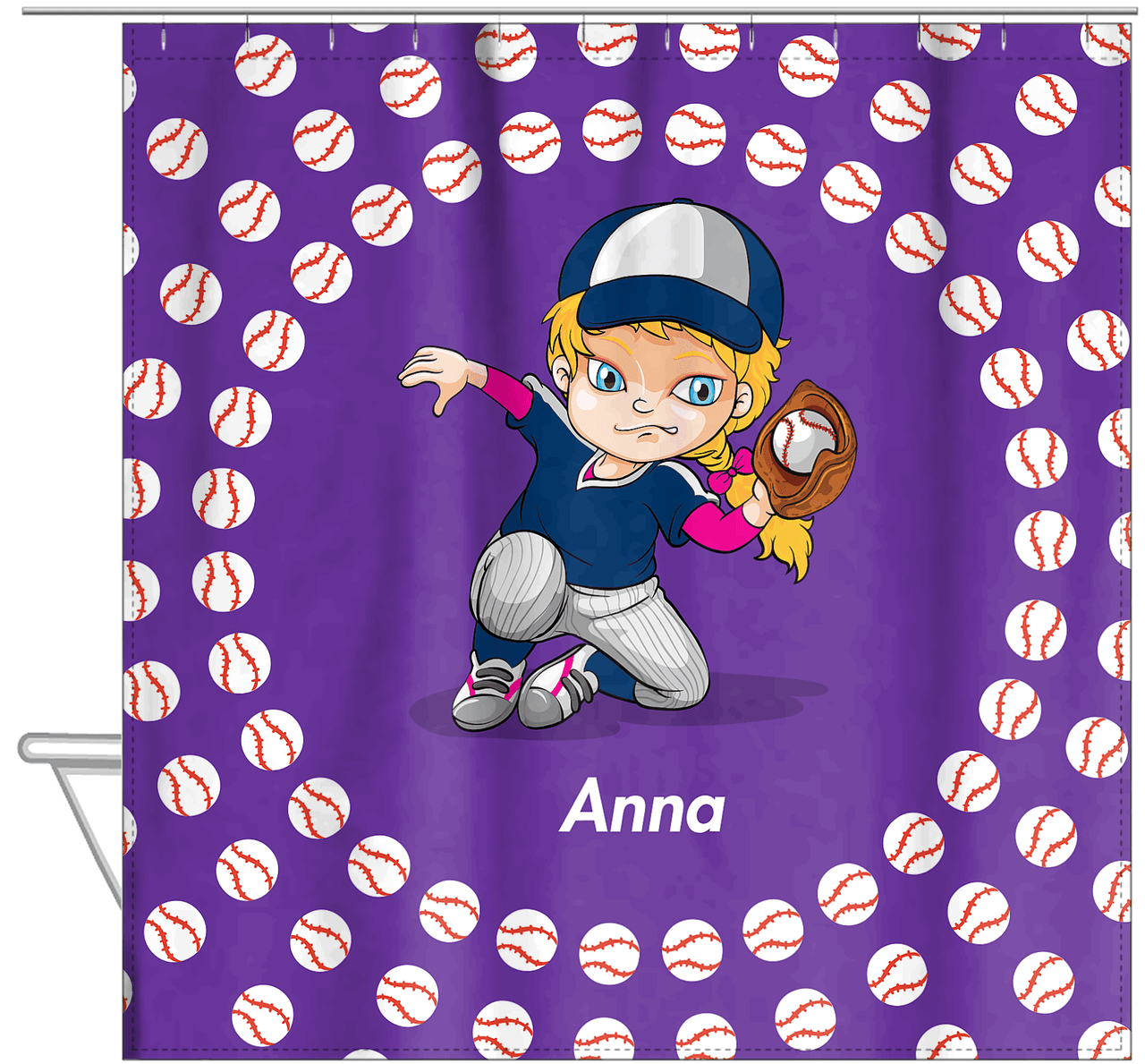 Personalized Baseball Shower Curtain XXXV - Purple Background - Blonde Girl - Hanging View