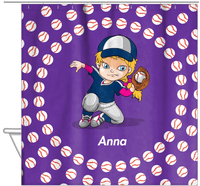 Thumbnail for Personalized Baseball Shower Curtain XXXV - Purple Background - Blonde Girl - Hanging View