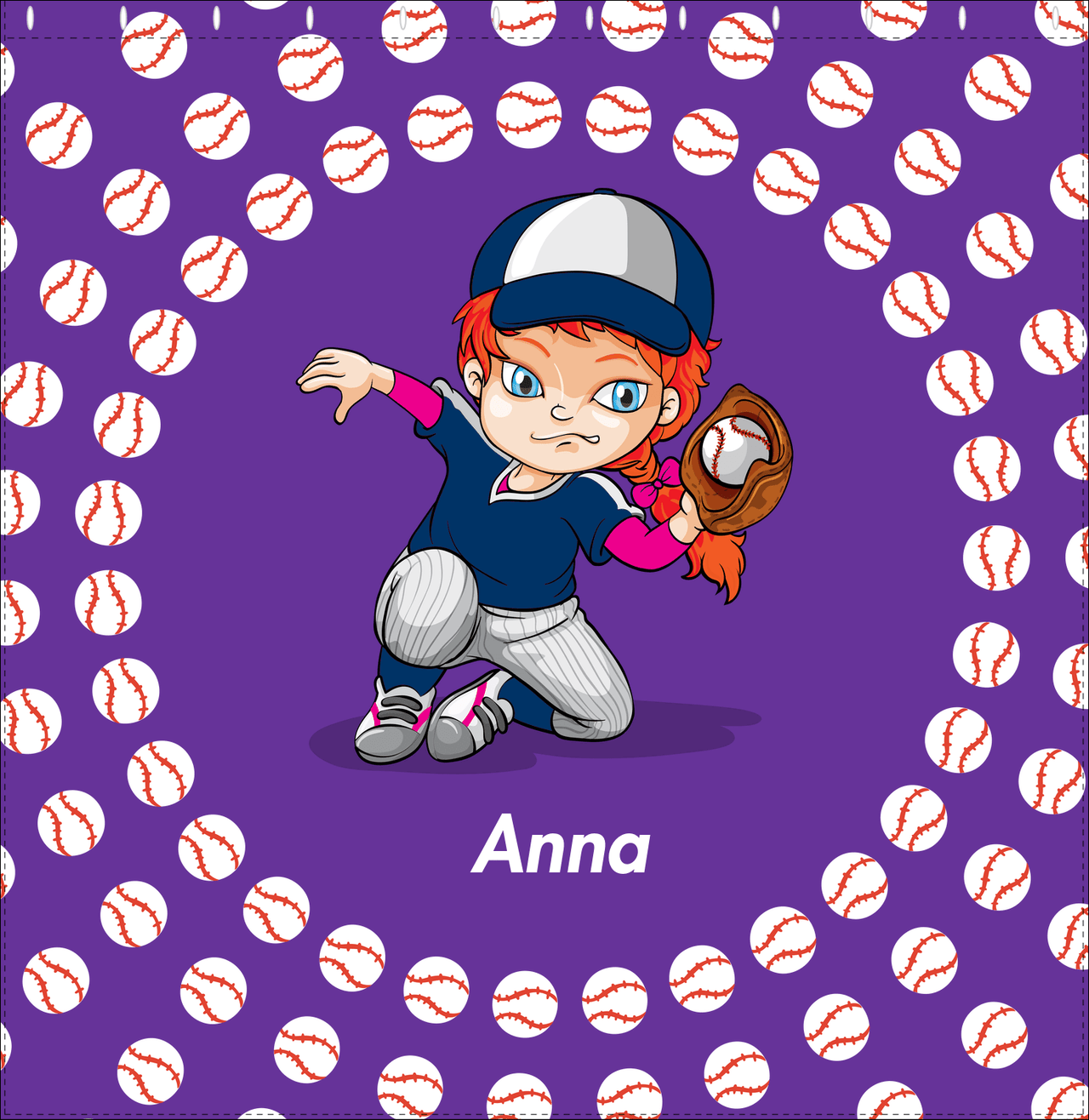 Personalized Baseball Shower Curtain XXXV - Purple Background - Redhead Girl - Decorate View