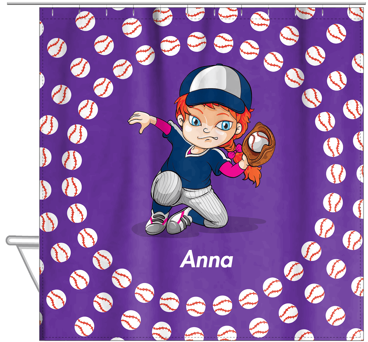 Personalized Baseball Shower Curtain XXXV - Purple Background - Redhead Girl - Hanging View