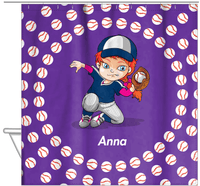 Thumbnail for Personalized Baseball Shower Curtain XXXV - Purple Background - Redhead Girl - Hanging View