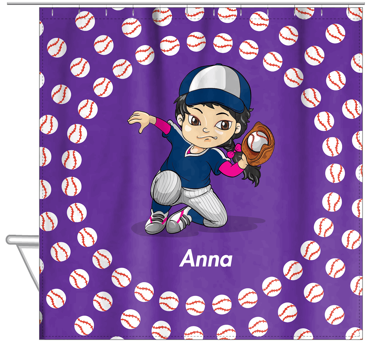 Personalized Baseball Shower Curtain XXXV - Purple Background - Asian Girl - Hanging View