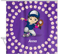 Thumbnail for Personalized Baseball Shower Curtain XXXV - Purple Background - Asian Girl - Hanging View