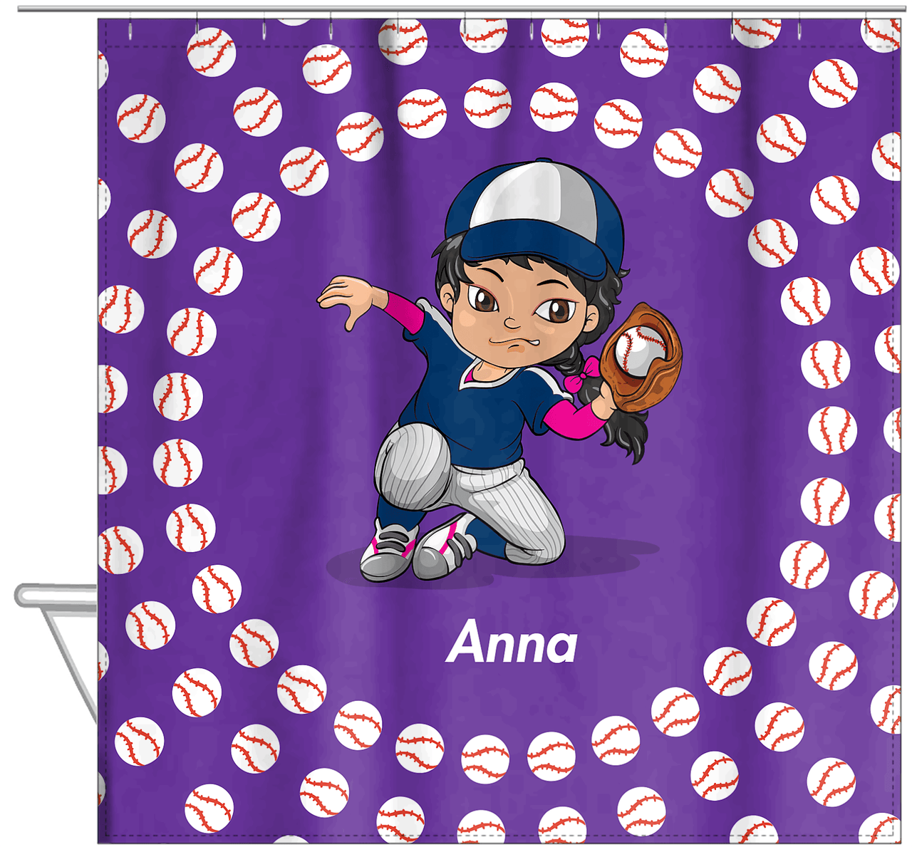 Personalized Baseball Shower Curtain XXXV - Purple Background - Black Girl I - Hanging View