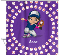 Thumbnail for Personalized Baseball Shower Curtain XXXV - Purple Background - Black Girl I - Hanging View